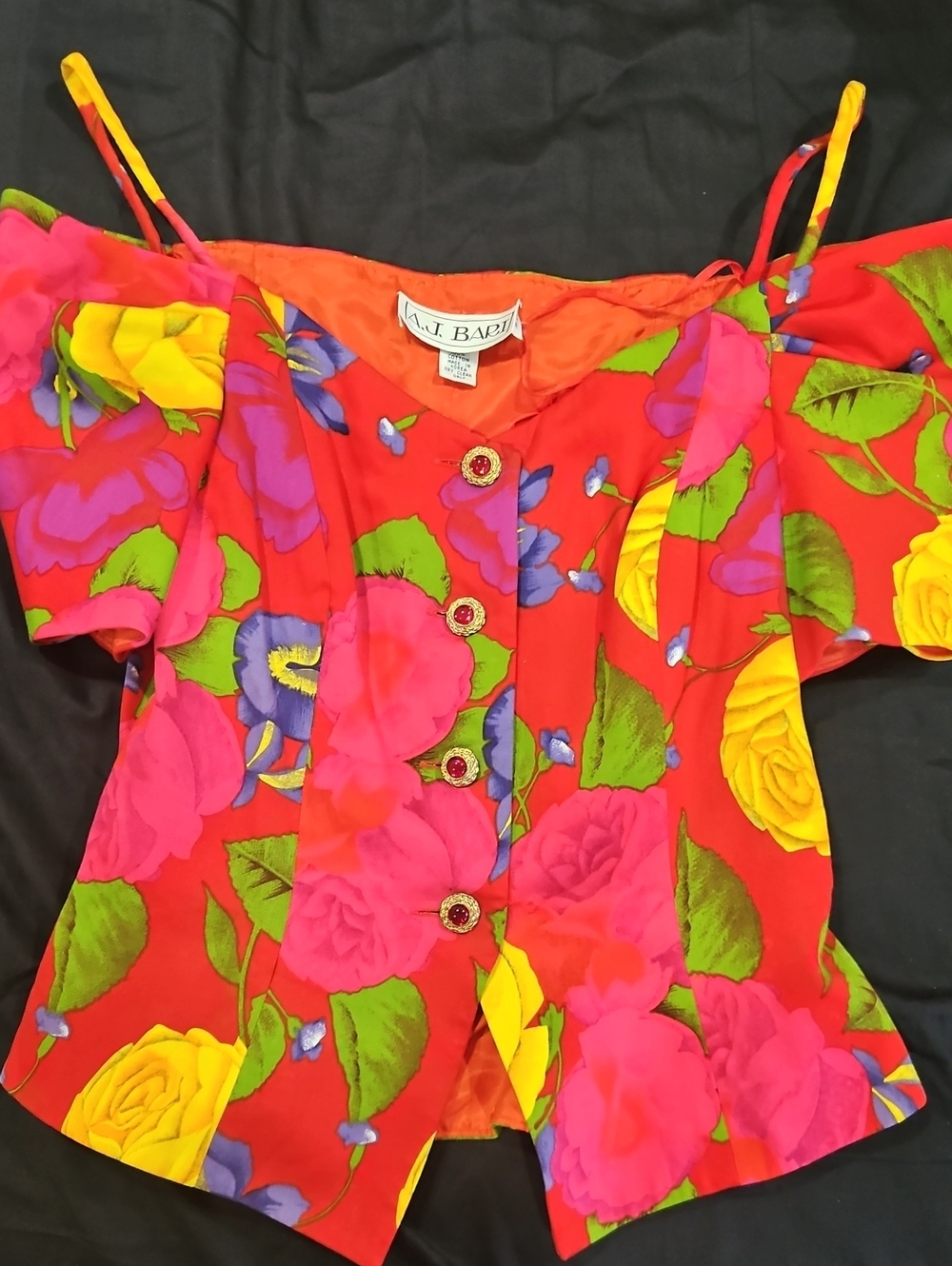 Vintage A.J. Bari Red Floral Off-Shoulder Button Blouse, 2 Piece, Skirt Seperate